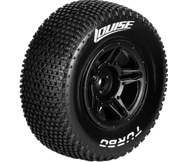 Louise RC - SC-TURBO - 1-10 Short Course Tire Set - Mounted - Super Soft - Black Wheels - Hex 12mm - SLASH 2WD Rear - SLASH 4X4 F/R - Hobao SC10
