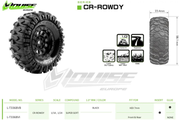 Preview: CR-Rowdy Reifen supersoft auf 1.0 Felge schwarz 7mm (2) LOUISE 1/18-1/24 Mini-Crawler - TRX-4M, SCX24