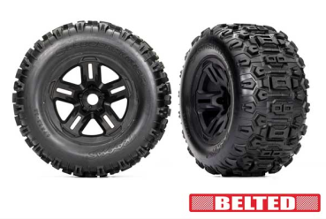 Traxxas Slegdehammer Belted Reifen 3.8 für Sledge auf schwarzen Felgen